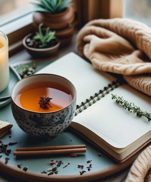 Cosy journaling scene with herbal tea, open notebook, and dried herbs