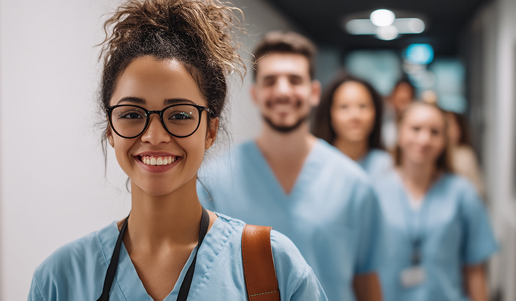 Smiling healthcare student in blue scrubs standing in a hospital hallway